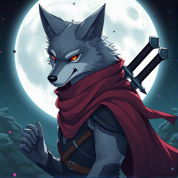 Loup roublard maitre de la lune avec un écharpe rouge autours du cou et avec deux épées dans le dos et il y a les yeux rouges