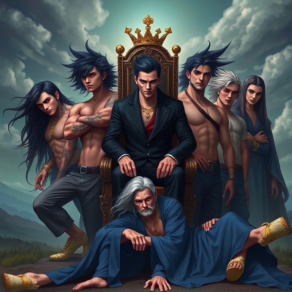 An atmospheric landscape portrays seven distinct brothers, each manifesting one of the seven deadly sins. At the center, Pride sits regally on a throne, with flowing long black hair and a commanding crown atop his head, exuding an air of superiority. To his side, Wrath stands with unkempt black hair partially obscuring his fierce red eyes; he's clad in a leather jacket and pants ensemble, his skin adorned with intricate tattoos and numerous piercings signaling his aggressive nature. Greed is dressed sharply in a tailored designer suit that accentuates his striking lavender eyes, hands decorated with lavish gold rings and a thick gold chain around his neck symbolizing his insatiable desire for wealth. Envy is garbed as a solitary traveler, casting jealous glances with piercing green eyes at what others possess. Gluttony appears paradoxically lean despite representing overindulgence, standing atop a table as if to showcase his never-ending hunger for more. Lust has pale hair complementing icy blue eyes and wears seductive clothing that hints at an enticing charisma; his expression is one of playful temptation. Finally, Sloth lies lethargically on the ground enveloped by heavy blue robes, exuding tiredness from every pore on his wearied face