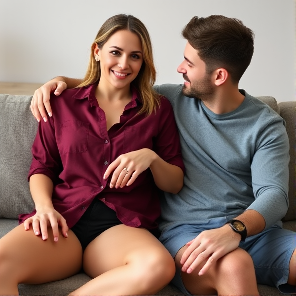 Skinny woman wearing a maroon shirt, black shorts and a rose gold wedding ring sitting with her husband on the couch
