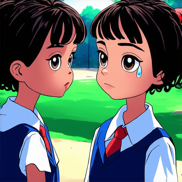 deux jeunes filles de huit ans portant des tresses africaines noires et des uniformes scolaires se tenant face à face dans une cour d'école, les yeux humides de larmes et l'air bouleversé alors qu'elles sont en pleine dispute