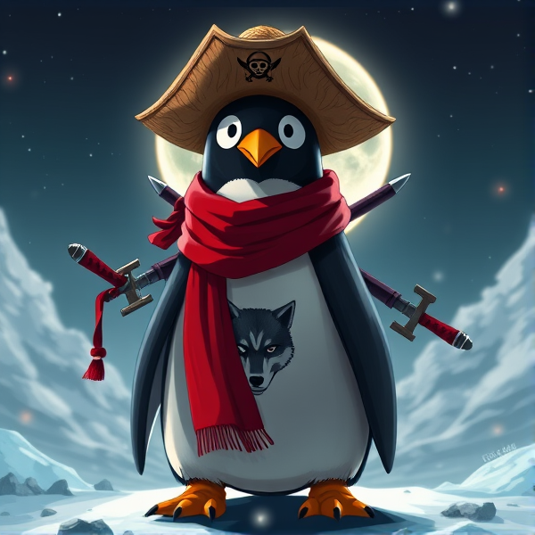 Pingouin maitre de l'éclipse lunaire et avec un écharpe rouge autours du cou et avec deux épées dans le dos et avec une tenue de pirate et avec un dessin en forme de loup tribal sur l'écharpe et avec le chapeaux de paille de luffy