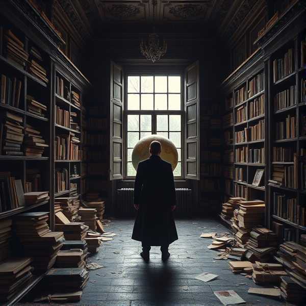 Une bibliothèque séculaire et délaissée où les boiseries sculptées sur les murs sont drapées de poussière et de toiles d'araignée, abrite des rayonnages qui craquent sous le poids d'anciens grimoires aux pages jaunies et des livres reliés en cuir desséché. Chaque tome, manuscrit et carnet est un témoin silencieux de pensées autrefois lumineuses ou d'un apport significatif à un projet collaboratif oublié. Des feuilles écornées s'échappent des volumes, certaines jonchant le sol pavé couvert de la fine empreinte du temps. Au centre de ce refuge du savoir perdu règne un globe terrestre antique, ses couleurs passées et sa surface éraflée reflétant l'abandon des connexions qu'il représentait jadis. La lumière du crépuscule filtre à travers l'espace, faisant ressortir les teintes délavées des continents explorés.

Une silhouette solitaire se découpe dans ce tableau d'oubli; pliée par la nostalgie ou une quête infructueuse de savoir, elle porte un long manteau sombre élimé par les années qui flotte tel l'écho d'une époque révolue. Elle se tient devant une fenêtre aux carreaux fissurés ou marqués par le temps, seul vecteur d'une lumière pâle qui projette une clarté triste sur cette toile faite d'araignée argentée entre les vestiges littéraires.

La luminosité ambiante est tamisée et empreinte de mélancolie; elle provient essentiellement du ciel chargé à l'extérieur qui pénètre faiblement par des volets à demi-clos et des fissures ajoutant au mystère de cet intérieur caché. La prise de vue est en contre-plongée douce enveloppant la solitude pesante du personnage tout en détaillant le désordre et l'encombrement alentour. Le style visuel souhaité est réaliste avec une attention minutieuse portée aux textures – bois ancien, papier fripé, cuir craquelé – capturant avec fidélité l’atmosphère sombre où chaque objet raconte sa propre histoire silencieuse.