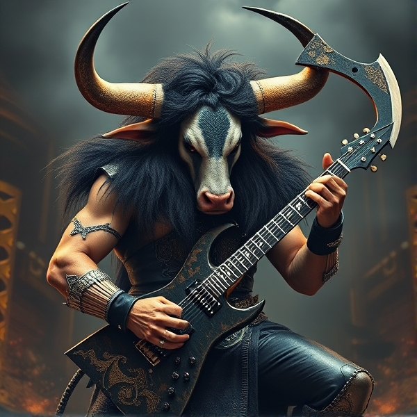Créer une image d'un minotaure guerrier avec une tête de taureau et avec une guitare hache gène simmons