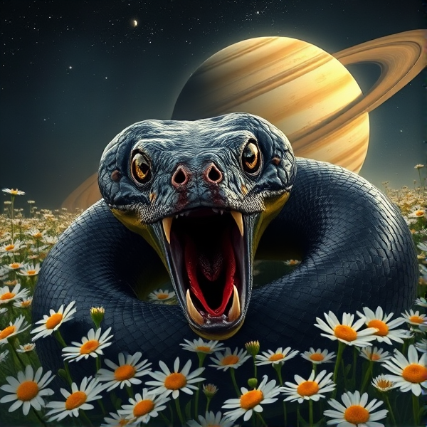 a vicious black shimmer ball python with the sun and moon for eyes and both eyes showing with an open mouth showing it’s teeth in a field of daisies and a Saturn behind it