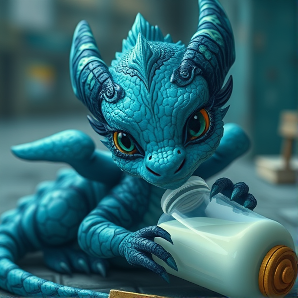 A Cyan and Black Baby dragon with a baby bottle filled with milk and it has tears in its eyes because it's I a box on the street