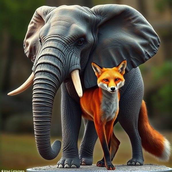 A meticulously detailed chimera with the head of a noble African elephant, characterized by its deeply wrinkled, textured gray skin and large, expressive eyes that radiate a sense of profound intelligence. This magnificent elephantine visage seamlessly transitions into the svelte, muscular body of an amber-red fox. The fox’s pelt shimmers with vibrant streaks of red and gold as it catches the light, highlighting the creature's poised agility. It stands in a dynamic pose that suggests it is ready to leap or sprint through its natural habitat. The entire being should be depicted with a high degree of realism to fully capture the elaborate nuances of this fantastical fusion.