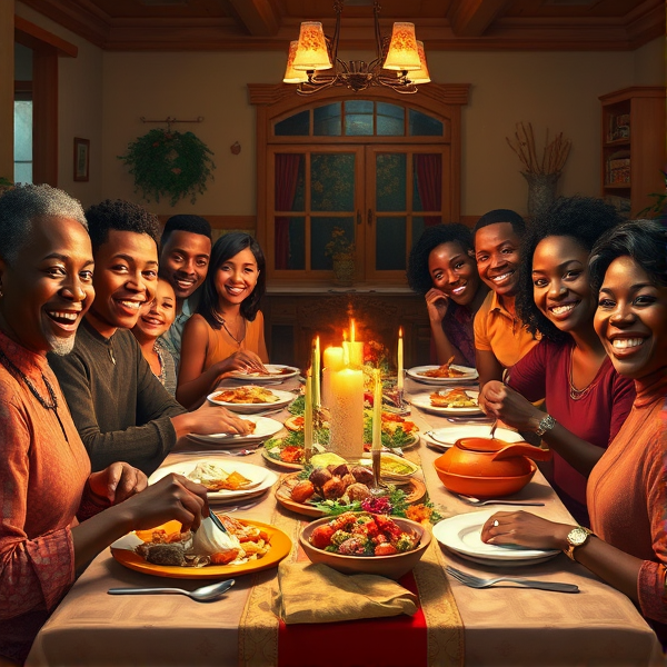 repas chaleureux d'une grande famille afro-américaine réunie autour d'une table festive, sourires et complicité, cuisine traditionnelle, intérieur accueillant