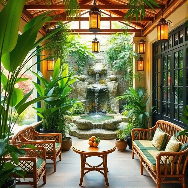 Cozy and tranquil Vietnamese garden coffee shop interior with lush green plants, traditional bamboo furniture, small wooden tables, hanging lanterns, a gentle waterfall feature in the background