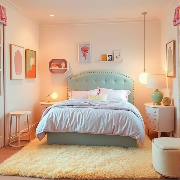 {
  "prompt": "Design a cozy bedroom inspired by the pop-up Mahfouf Hotel and Lena Situations' style. The room is inspired by the Lobby Boy concept, featuring pastel colors throughout. The bed has soft pink and lavender bedding, and a pastel blue headboard. The walls are a soft, creamy white with pastel-colored decorative accents like abstract art and small shelves. The room is illuminated by warm lighting, with a vintage, pastel green lamp on a small nightstand. The floor is covered with a plush pastel yellow rug, and there's a pastel-colored ottoman near the window. The vibe should feel both chic and playful, with a mix of retro and modern design elements."
}