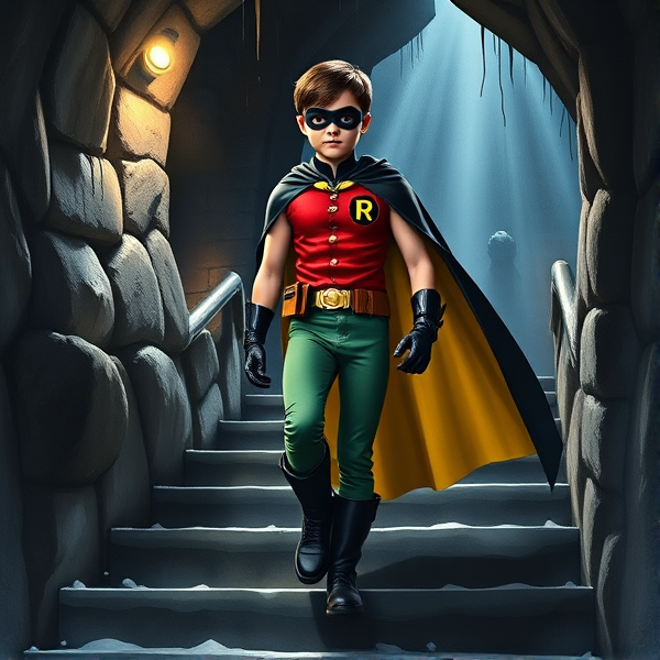 Movie Scene: A medium, preteen 12-year old boy with light skin and dark brown hair named Connor Bardley, but dressed as Robin, The Boy Wonder, with an extremely muscular body, a sleek green suit with a red torso with a black circle with a yellow R symbol on his left pectoral, a gold utility belt, black boots, black long-cuffed gloves, a big, heel-length, ultra-wide collared cape that's black on the outside and yellow on the inside, and a black eye mask, walking down the stone stairs to enter the Bat Cave, where he meets Batman for the first time and hopes to team up with him.