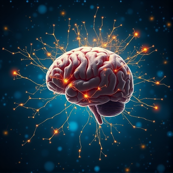 Un cerveau humain flottant au centre de l'image, entouré d'une aura scintillante de synapses électriques dorées illustrant des neurones en pleine communication, exprimant la sensation euphorique d'une découverte cognitive majeure. Le fond est un espace infini aux nuances de bleu profond constellé de neurones stylisés comme des étoiles. L'image doit refléter un style hyper-réaliste avec un éclairage vif et dynamique venant de l'aura du cerveau qui met en lumière les détails complexes du tissu cérébral et des synapses. La caméra se trouve en vue légèrement plongeante pour capturer la majestuosité du spectacle neuronal et l'éclat étincelant de l'aura, symbolisant le pic d'euphorie cognitif