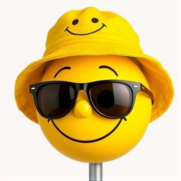 A yellow smiley face wearing a yellow bucket hat with a smiley face on it and black shades