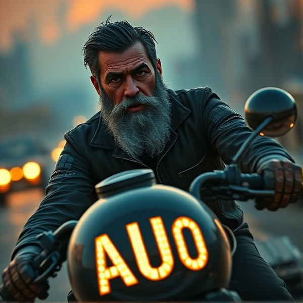 And older men with dark grey slick hair and beard riding a motorbike through a post apocalyptic world. The letters "AUO" glowing on the fuel tank of his bike.