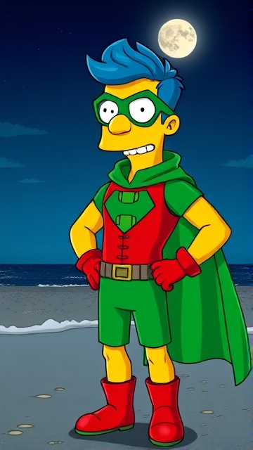 Milhouse Van Houten from The Simpsons, with his yellow skin, really big round nose, and blue hair that's slicked back and curled up at the top, but as an 18-year old teenager, dressed as a parody of Robin, The Boy Wonder, with an extremely muscular torso and arms, a green bodysuit with a red torso adorned with a green H symbol on his chest, a grey utility belt, red boots, red long-cuffed gloves, a big, heel-length long, ultra-wide green cape around his neck held up by a silver triangle pin, and a green eye mask with optical lenses in it, now known as Houseboy, The Nerd Wonder, the other half of Springfield's Dynamic Duo, and one of the greatest vigilante superheroes ever known in Springfield. He is currently standing on the beach at night, taking a break from his heroic duties to reflect on his growth and transformation into the vigilante he has become.