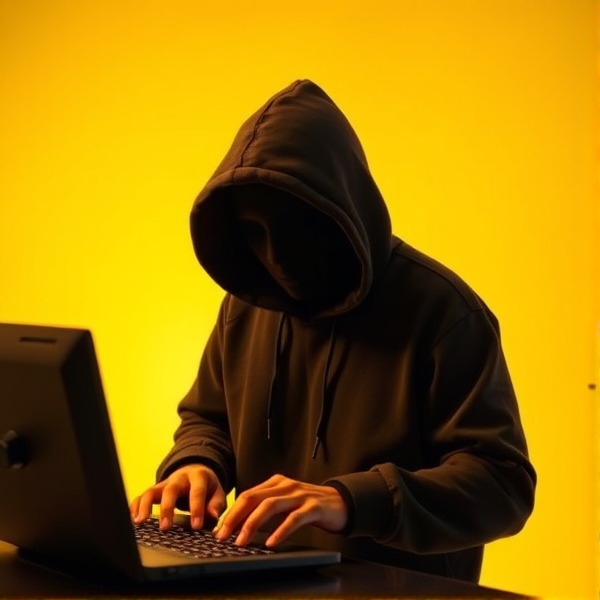 A vivid yellow background illuminating a mysterious figure engaged in cyber hacking, cloaked in a dark hooded sweatshirt obscuring their face, fingers dancing over a keyboard lit by the glow of code on the monitor