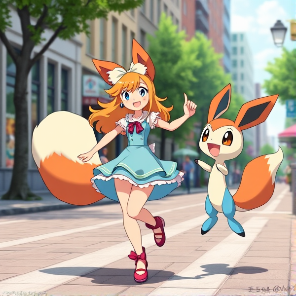 Serena de pokemon qui dance dans la rue avec un feunec et un grenousse
