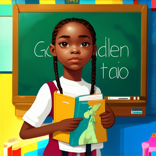 A 8 year-old African girl with intricate braided hair, standing confidently in a vibrant classroom environment, holding notebooks in her hands while facing a chalkboard filled with educational content