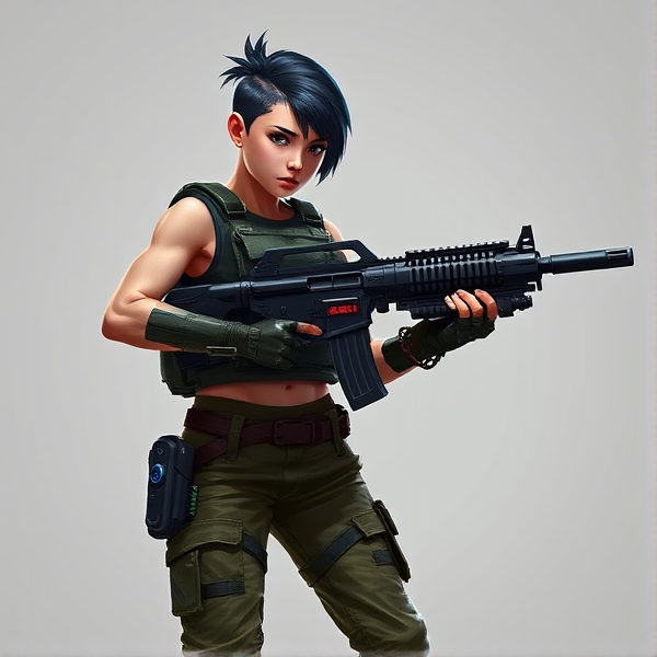 Young skinny Caucasian girl that is a space marine holding a large laser rifle. She has black hair cut in a short undercut with one side shaved. She is wearing a bulky tactical vest that exposes her bare arms. She has on baggy low-rise tactical cargo pants and combat boots.