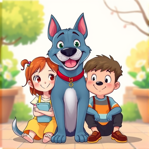 Create a family picture a male staffy dog with two kids, one daughter a preteen, one a boy age 9. In the form of the cartoon bluey