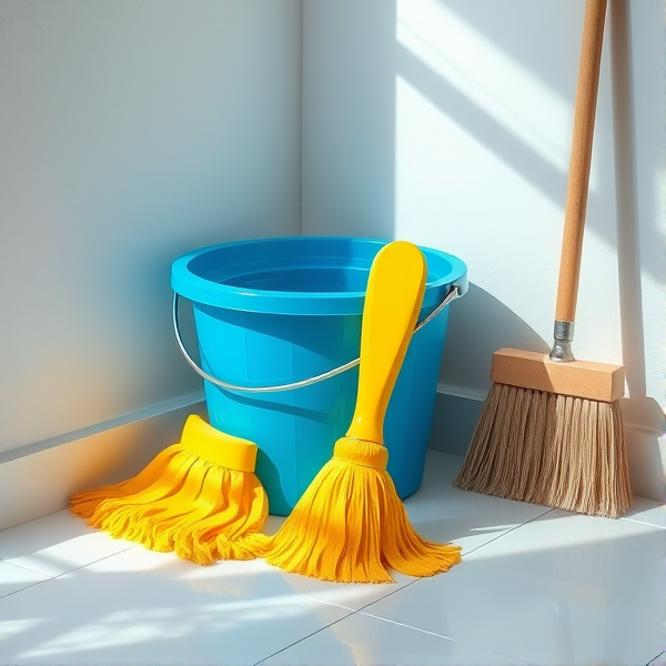 A meticulously arranged cleaning corner in a brightly lit room, featuring a shiny blue bucket filled with crystal-clear water, a neatly folded yellow mop resting beside it, a stiff-bristled scrub brush, and an upright broom with clean, natural straw bristles set against the wall. Soft shadows accentuate the textures of each object and the clean, tiled floor reflects the ambient light