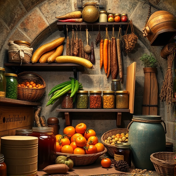 crée moi une image d'une cave remplie de conserves, légumes, de charcuterie en sechage, de plantes medicinales séchées