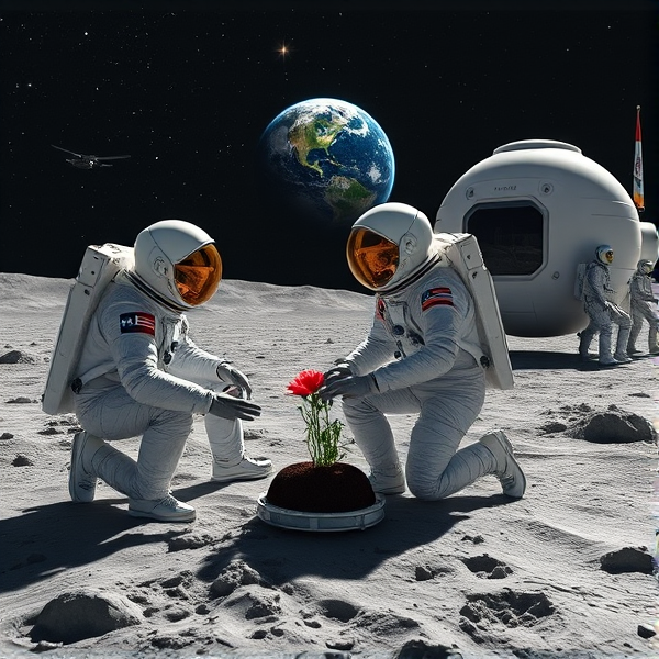 Trois astronautes en combinaison spatiale NASA, finement détaillée en blanc perle avec des accents métalliques chromés, arborant des écussons distinctifs et munis de surfaces réfléchissantes sophistiquées, s'agenouillent sur le régolithe lunaire d'un gris riche en texture. À côté d'eux se tient un extraterrestre géant amical à la peau iridescente qui capte le scintillement des étoiles. Un astronaute se concentre scrupuleusement sur la plantation de graines de pavot dans un substrat fertile à l'intérieur d'un biodôme lunaire transparent équipé d'un système hydroponique avancé, éclairé par une lumière artificielle simulant le spectre solaire pour optimiser la photosynthèse terrestre. Le reflet précis du paysage lunaire est visible dans le visor volumineux de l'astronaute tandis que ses gants sensoriels manipulent avec adresse divers outils spécialisés. En arrière-plan se détache un module lunaire au design avant-gardiste portant fièrement l'emblème du Québec. La Terre en suspension offre une vue saisissante aux teintes fidèles et naturelles. Dispersés autour du site, on trouve des instruments scientifiques d'une grande précision : capteurs environnementaux, moniteurs de croissance végétale dotés d'intelligence artificielle et panneaux solaires flexibles. Un fanion du Manchester City Football Club est disposé à proximité du module habitable, symbolisant le lien entre les sciences spatiales et le sport. Le relief lunaire présente des cratères nettement dessinés et des monticules réalistes qui contrastent avec les installations humaines sur ce territoire extraterrestre. L'éclat doux et diffus illumine la scène sous un ciel nocturne étoilé où les constellations sont représentées avec exactitude, se fondant dans un gradient allant du noir profond au bleu outremer vibrant, avec également un drapeau acadien près du biodôme ainsi qu’un vaisseau extraterrestre et plusieurs autres êtres venus d’ailleurs près du site, accompagnés d'un drone extra-terrestre technologique sans oublier le fanion représentatif du drapeau des patriotes québécois