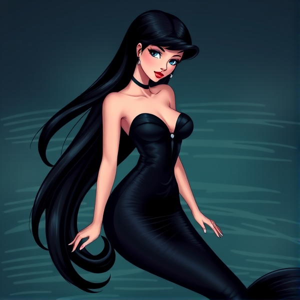 Une sirène magnifique avec longs cheveux noirs lisses avec une robe de soirée noire et moulante  mince