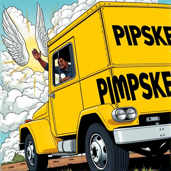 All yellow moving truck that says the word "PIMPSKE" ON THE SIDE, truck driving into heaven, black man waving out driver side window