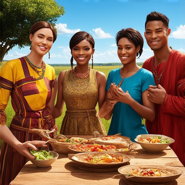 Famille nombreuse souriante réunie autour d'une table rustique en bois garnie de plats traditionnels africains, sous un ciel bleu dans un cadre champêtre avec des arbres et une végétation luxuriante, portant des vêtements africains colorés et variés, échangeant des rires et des conversations chaleureuses