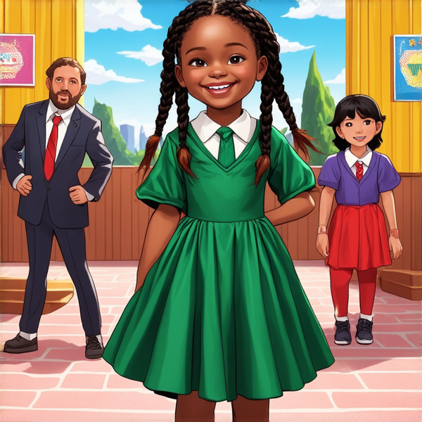 petite écolière africaine de 8 ans, avec des tresses africaines serrées et sophistiquées, vêtue d'une robe longue vert émeraude, souriante avec un air de bonheur contagieux, debout fièrement au milieu d'une cour de récréation animée par la présence joyeuse d'autres élèves en arrière-plan