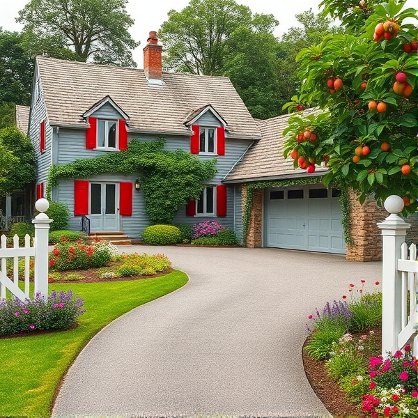 Maison grise de style champêtre avec des volets rouge vif, jardin luxuriant parsemé de fleurs multicolores, clôture blanche élégante, allée soigneusement pavée menant à la maison, garage couvert de glycine florissante, prunier généreux en fruits et divers arbres feuillus devant la propriété
