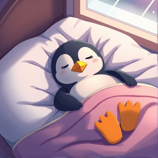 Pingouin qui dort dans un lit avec une couverture