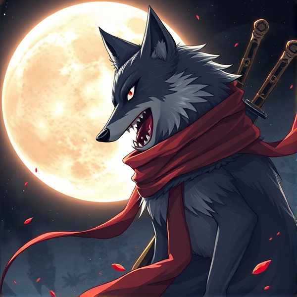 Loup roublard maitre de la lune avec un écharpe rouge autours du cou et avec deux épées dans le dos et il y a les yeux rouges