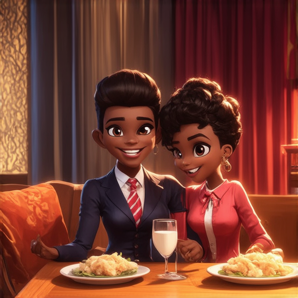 Modern African family wiht a dougther bys enjoying a meal together around a dining table, well-dressed in a mix of traditional and contemporary attire, smiling and interacting with each other, in a cozy home interior with cultural decorations