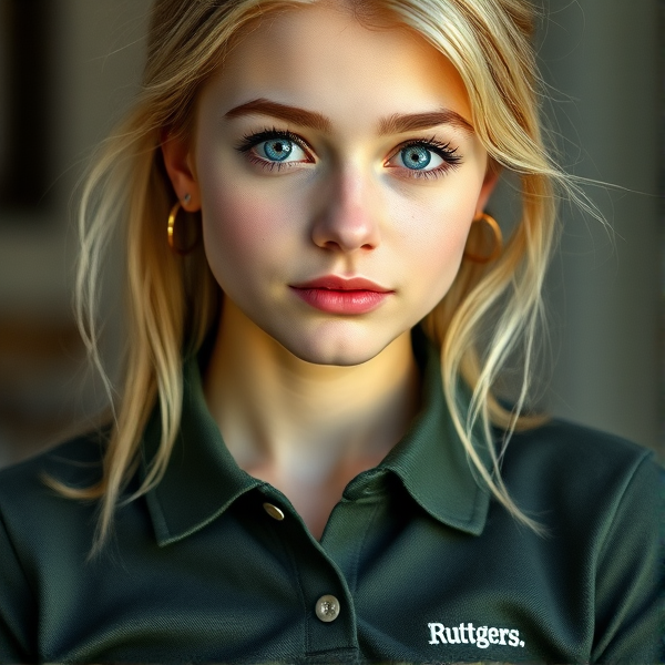 Photorealistic portrait of a youthful, naturally beautiful 19-year-old woman with blonde hair styled softly to convey an effortless appearance. Her bright blue eyes are accentuated by thick black lashes and her face is framed by a heart-shaped countenance. A delicate scattering of light freckles embellishes her nose, adding charm to her front-facing pose. She dons a dark green-gray polo shirt, the fabric clinging just enough to suggest a slender figure without being tight, featuring subtle white embroidery that spells "Ruttgers" over the left chest area. This is paired with a tasteful black mini skirt that enhances her chic yet simple style. Small gold hoop earrings add a modest touch of elegance to complete the image which embodies youthful grace and an air of simplicity.