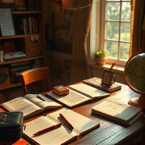 table en bois éclairée par la lumière naturelle de la fenêtre, couverte de fournitures scolaires comme des cahiers ouverts, des stylos, des crayons, une trousse et un globe terrestre  .