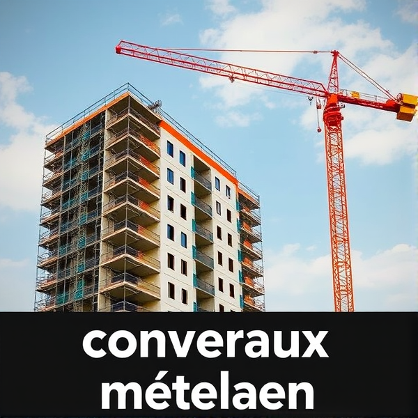 Affiche  montrant un bâtiment en construction , une grue et un texte " couvreux construction métallique