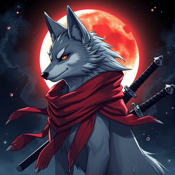 Loup roublard maitre de l'éclipse lunaire et avec un écharpe rouge autours du cou et avec deux épées dans le dos