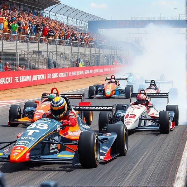 High-speed race cars tearing down the track, vibrant sponsor logos on their sleek bodies, drivers in custom racing suits, helmets gleaming under the bright sun, crowds cheering in the stands, a blur of colors as vehicles zip by, tire smoke from scorching rubber fills the air