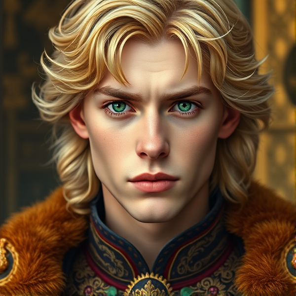 19 year old prince with golden hair, sharp facial features, and emerald eyes. He lives in Norway. He wears regal clothes. He has a disinterest facial expression