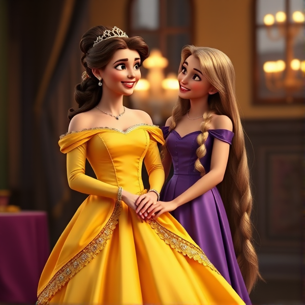 Belle et Raiponce sont meilleures amies et rigolent ensemble, Belle portent une robe longue de balle jaune de l'époque et raiponce une robe  longue violette pas trop détaillé et assez simple