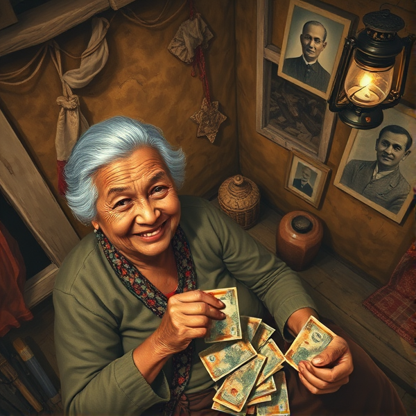 Une vieille femme souriante en train de compter minutieusement de petites coupures de monnaie locale à l'intérieur d'une maison traditionnelle rustique, des portraits sépia d'ancêtres accrochés aux murs de terre, une lanterne vacillante éclairant doucement la scène, ambiance de nostalgie et chaleur humaine, style peinture réaliste avec attention aux textures et aux détails du visage ridé exprimant la sagesse et l'histoire, vue en plongée pour capturer l'étendue de la pièce et les souvenirs qu'elle renferme