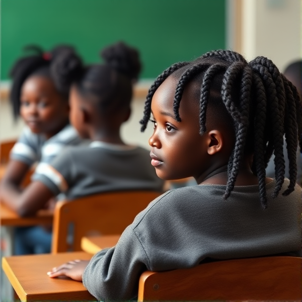 des filles noires de huit ans avec des tresses africaine et des garçons assis dans une classe face au tableau vert
