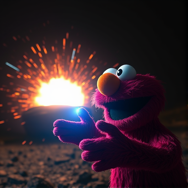 Elmo using a blue beam of light from his hands exploding a rock in the distance
