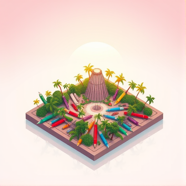 Pen isle with a variety of writing pens arranged to form the shape of an idyllic tropical isle