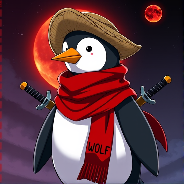 Pingouin maitre de l'éclipse lunaire et avec un écharpe rouge autours du cou et avec deux épées dans le dos et avec une tenue de pirate et avec écris WOLF sur l'écharpe et avec le chapeaux de paille de luffy