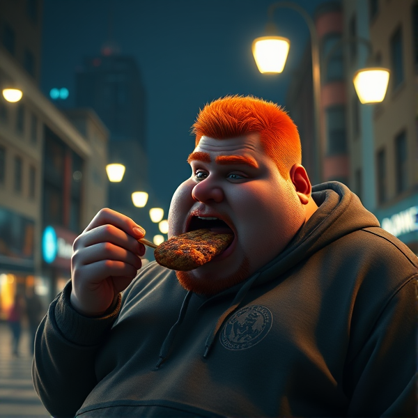 Big fat guy with red hair in a hoodie eating the world