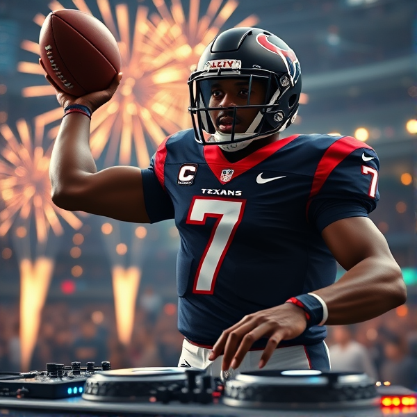 Animated black quarterback wearing number 7 jersey for Houston texans throwing a football and DJing with turntables. Pyrotechnics and lights in background