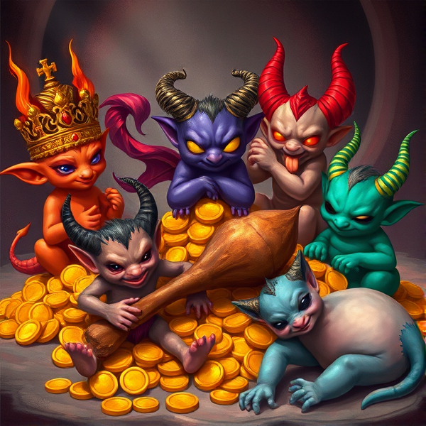 Seven diminutive imps personifying the seven deadly sins in a whimsical, fantasy style: an imp with prideful demeanor, bathed in orange hues and adorned with an elaborate crown signifying its sin. A wrathful imp, crimson as smoldering embers, sporting menacing fiery horns that blaze upwards. An imp engulfed by greed, its violet form reclining on a mountain of gleaming gold coins, eyes alight with insatiable desire. Envy manifests in a viridian imp whose gaze is fixated with covetous side-eyes upon its companions. Gluttony is captured by a rotund, sallow imp indulging in the excesses of feasting on an oversized turkey leg. Lust is suggested through a cerise-hued imp with a coquettish expression and tongue teasingly protruding. Lastly, sloth is represented by a languid azure imp sprawled indolently upon the ground, lost in slumber