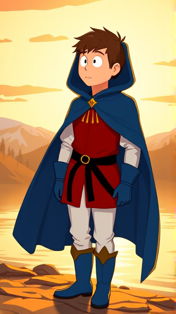 Clyde Donovan from South Park, light skin and brown hair, but as a 14-Year Old, dressed as a medieval prince with a red shirt with white sleeves, a black belt with a gold buckle, white pants, blue boots, blue long-cuffed gloves, and wreathed in a really big, heel-length long, ultra-wide blue hooded cape, now known as Prince Donovan. Despite still being a kid, he is the Youngest Ruler of South Park, Colorado, but now reborn as the real life Kingdom of Kupa Keep, Zaron, and Prince Donovan is its youngest and greatest hero. The young teenage prince of Kupa Keep is currently standing by the shoreline of a lake, looking out to the horizon and wondering what his next adventure will be.